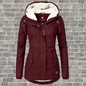 Maroon women's hooded winter parka with faux fur lining in a red color, featuring long sleeves and a cozy collar, shown in size 4XL.