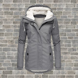 Maroon women's hooded winter parka with faux fur lining in a gray color, featuring long sleeves and a cozy collar.