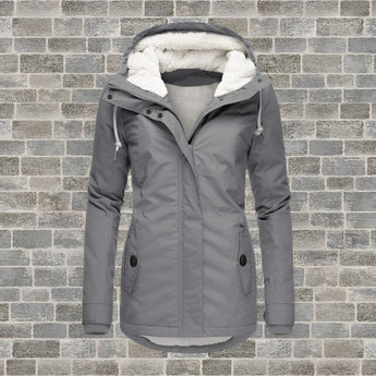 Maroon women's hooded winter parka with faux fur lining in a gray color, featuring long sleeves and a cozy collar.