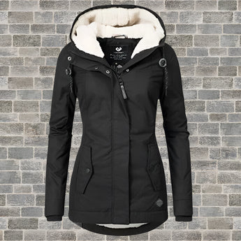 Maroon women's hooded winter parka with faux fur lining, available in black color and size 4XL, featuring long sleeves and a cozy collar for cold weather.