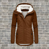 Maroon women's hooded winter parka with faux fur lining, shown in brown color, size 4XL. The parka features a hood with faux fur trim, long sleeves, and a stylish collar.