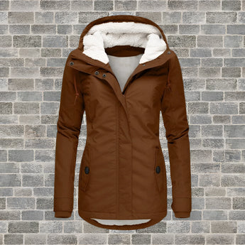Maroon women's hooded winter parka with faux fur lining, shown in brown color, size 4XL. The parka features a hood with faux fur trim, long sleeves, and a stylish collar.