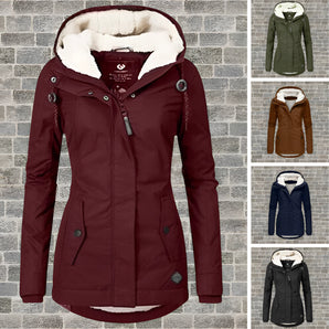 Maroon women's hooded winter parka with faux fur lining, featuring long sleeves, a high collar, and a comfortable fit, photographed against a white background.