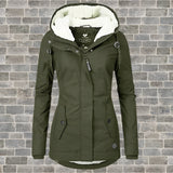 Maroon women's hooded winter parka with a faux fur lining, shown in an olive green color and size 4XL, featuring a warm and insulated design suitable for colder weather.