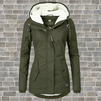 Maroon women's hooded winter parka with a faux fur lining, shown in an olive green color and size 4XL, featuring a warm and insulated design suitable for colder weather.