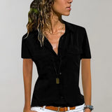 Black women's short sleeve button-down blouse, casual summer shirt style, shown in size 3XL.