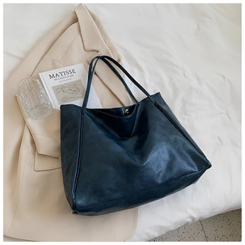 Matisse-Inspired Blue and Beige Leather Tote Bag, Minimalist Large Shoulder Bag with a Rectangle Shape, Ideal for Travel and Fashion.