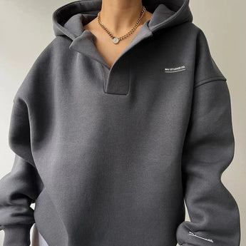 Mauve oversized high neck hoodie in a gray color, featuring long sleeves and a cozy high collar, displayed in an XXL size.