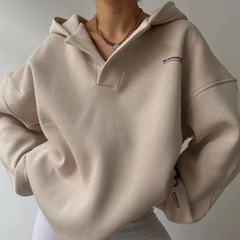 Oversized beige high neck hoodie in XXL size with long sleeves, featuring a stylish and casual design perfect for fall streetwear.