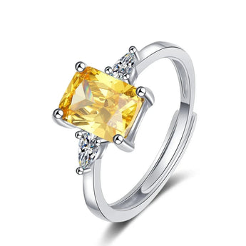 MEEKCAT 925 Sterling Silver Yellow Cushion Cut Gemstone Engagement Ring, resizable, featuring a vibrant yellow amber gemstone in a cushion cut, set in a sleek sterling silver band.