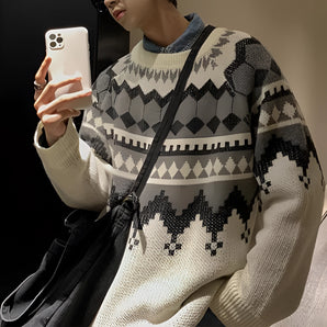 Men's argyle sweater in a neutral knit wool blend, featuring a classic collar and long sleeves, worn by a model showcasing the upper body with hands gesturing near the waist.