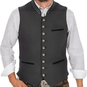 Men's Bavarian charcoal gray wool vest designed for Oktoberfest and formal wear, shown in size XL. The vest features a classic button-up front, tailored fit around the waist, and is styled over a dress shirt with a visible collar and sleeves. The model wearing the vest has a beard, adding to the traditional and sophisticated look.