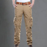 Men's beige cargo pants in khaki color featuring multiple pockets, designed as utility trousers. The pants are displayed on a mannequin, showcasing their relaxed fit from waist to knee.