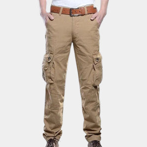 Men's beige cargo pants with multiple pockets, featuring a camouflage pattern and utility design, suitable for outdoor or casual wear.