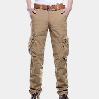 Men's beige cargo pants with multiple pockets, featuring a camouflage pattern and utility design, suitable for outdoor or casual wear.