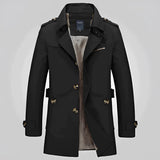 Men's black double-breasted trench coat with epaulettes, featuring a classic collar and button detailing, designed for a sophisticated look.