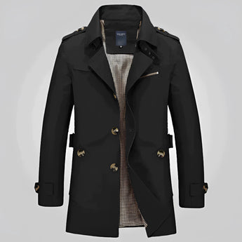 Men's black double-breasted trench coat with epaulettes, featuring a classic collar and button detailing, designed for a sophisticated look.