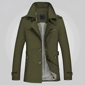 Men's beige double-breasted trench coat with epaulettes, featuring a stylish collar and buttons, designed for formal wear.