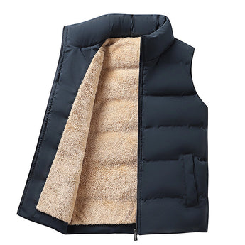 Men's beige fleece vest with an insulated collar and pockets, shown in marine blue color, size 3XL.