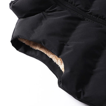 Men's beige fleece vest with an insulated collar and multiple pockets, showcasing a soft textile material and stylish design.