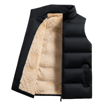 Men's beige fleece vest featuring an insulated collar, sleeveless design, and pockets, in a 3XL size with a black color option.