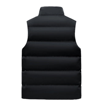 Men's beige fleece vest featuring an insulated collar and multiple pockets, displayed on a plain background.