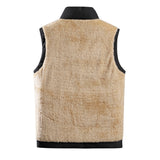 Men's beige fleece vest featuring an insulated collar and pockets, shown with detailed view of the collar and front design elements, highlighting the fabric's texture and button accents.