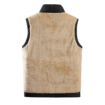 Men's beige fleece vest featuring an insulated collar and pockets, shown with detailed view of the collar and front design elements, highlighting the fabric's texture and button accents.