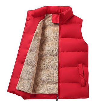 Men's beige fleece vest featuring an insulated collar and pockets, displayed in a red color variant, size 3XL.