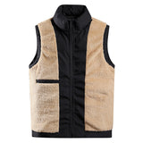 Men's beige fleece vest featuring an insulated collar and multiple pockets, designed with a woolen texture for added warmth and style.