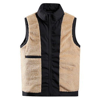 Men's beige fleece vest featuring an insulated collar and multiple pockets, designed with a woolen texture for added warmth and style.