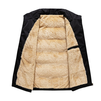 Men's beige fleece vest featuring an insulated collar, sleeveless design, button closure, and multiple pockets.