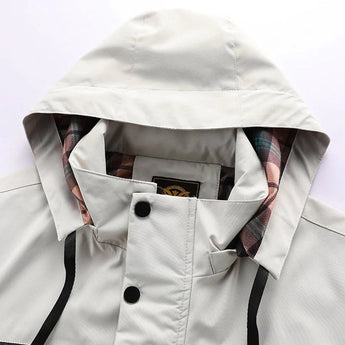 Men's beige hooded windbreaker jacket with a lightweight design, featuring long sleeves, a collar, and front buttons, suitable for spring wear.