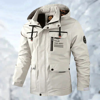 Men's beige hooded windbreaker in size 4XL, designed as a lightweight spring jacket with a stylish collar, long sleeves, and functional pockets.