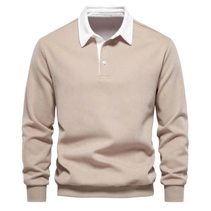 Men's beige knit polo sweater in XXL, featuring a collar and button-down design, with long sleeves and a casual, lightweight feel suitable for autumn wear.