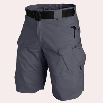 Beige lightweight cargo shorts for men, featuring a durable multi-pocket utility design.