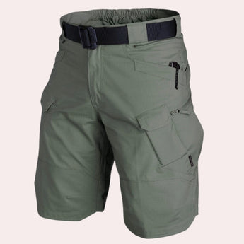 Men's olive green lightweight cargo shorts featuring a durable design with multiple utility pockets, styled for active wear and fashion versatility.