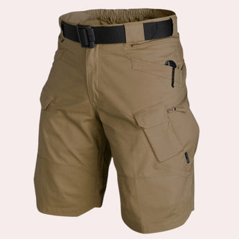 Men's beige lightweight cargo shorts featuring a durable design with multiple utility pockets, shown in a brown color variant, size 44.