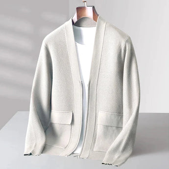 Men's beige lightweight wool crewneck sweater in size 2XL, displayed on a mannequin. The sweater features a simple crew neckline and long sleeves, perfect for fall fashion.
