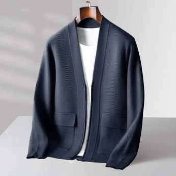 Men's blue lightweight wool crewneck sweater in size 2XL with long sleeves, styled for fall fashion knitwear.