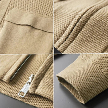 Men's beige lightweight wool crewneck sweater with long sleeves, showcasing fall fashion knitwear.