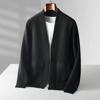 Men's beige lightweight wool crewneck sweater displayed on a mannequin, showcasing its elegant design and fall fashion knitwear appeal.