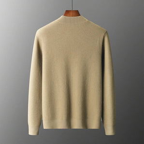 Men's beige lightweight wool crewneck sweater featuring long sleeves and a simple knit pattern, ideal for fall fashion.