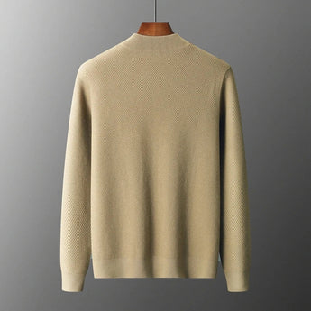 Men's beige lightweight wool crewneck sweater featuring long sleeves and a simple knit pattern, ideal for fall fashion.