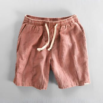 Men's beige linen drawstring shorts, lightweight and breathable, eco-friendly fabric, shown in pink, size 2XL.