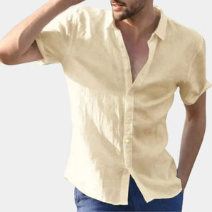 Men's beige linen summer shirt in yellow, 2XL size, featuring a lightweight and breathable fabric with short sleeves and a classic collar, worn by a model with a beard.
