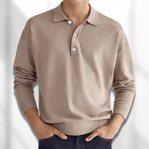 Men's beige long sleeve polo sweater with a soft textured fabric, featuring a collar and casual pullover design in size 3XL.