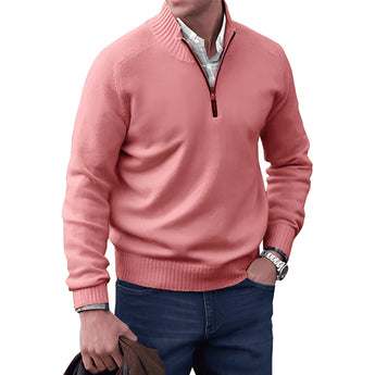 Men's beige quarter zip sweater with a ribbed collar, featuring a knitwear design. The sweater is worn by a person with a pink variant in size 3XL, showcasing the collar and sleeve details.