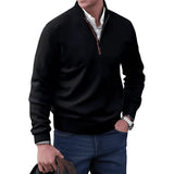 Men's black quarter zip sweater in size 3XL, featuring a ribbed collar and knitwear design, worn by a model with white dress shirt sleeves visible under the sweater.