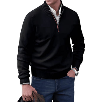 Men's black quarter zip sweater in size 3XL, featuring a ribbed collar and knitwear design, worn by a model with white dress shirt sleeves visible under the sweater.